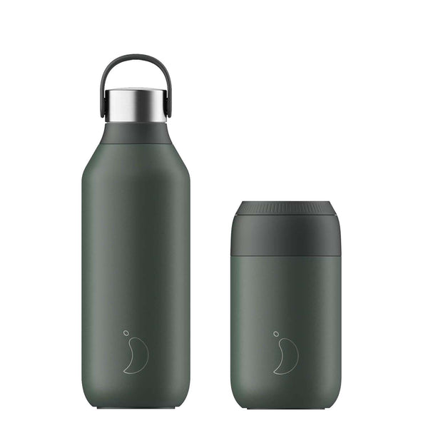 Chilly's Series 2 500ml Hydration Reusable Water Bottle & 34cl Coffee Cup Set - Pine Green