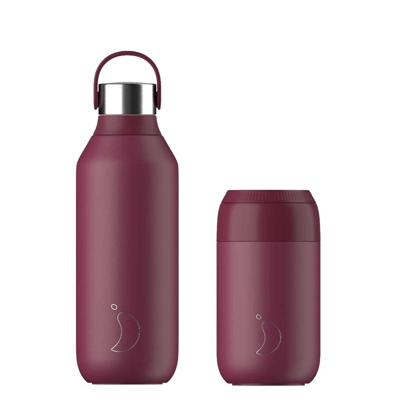 Chilly's Series 2 500ml Hydration Reusable Water Bottle & 34cl Coffee Cup Set - Plum Red