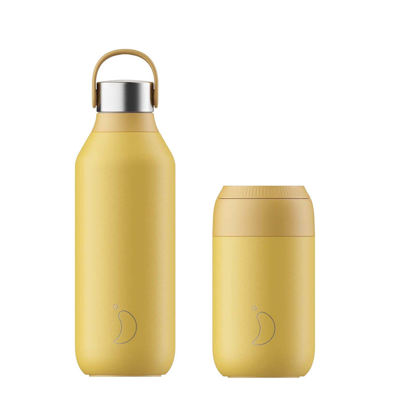 Chilly's Series 2 500ml Hydration Reusable Water Bottle & 34cl Coffee Cup Set - Pollen Yellow