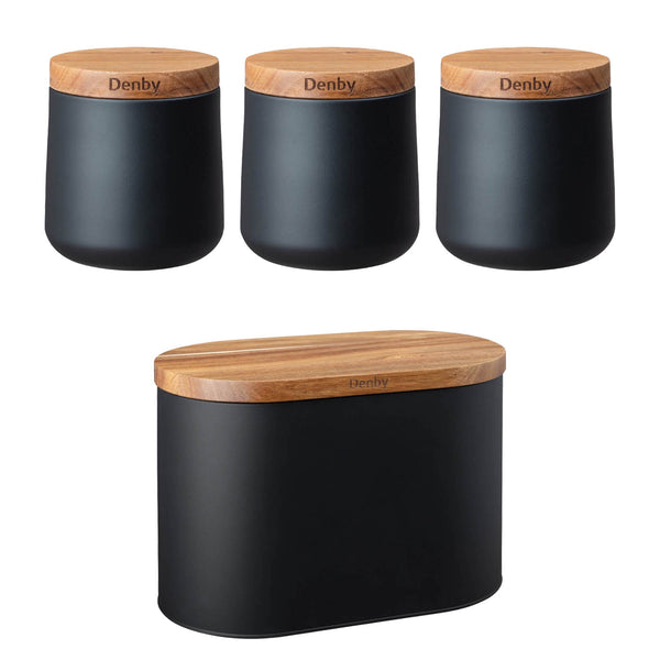 Denby Pottery Galvanised Steel 4 Piece Canister & Bread Bin Set With Acacia Wood Lid - Matte Black