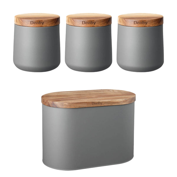 Denby Pottery Galvanised Steel 4 Piece Canister & Bread Bin Set With Acacia Wood Lid - Matte Grey