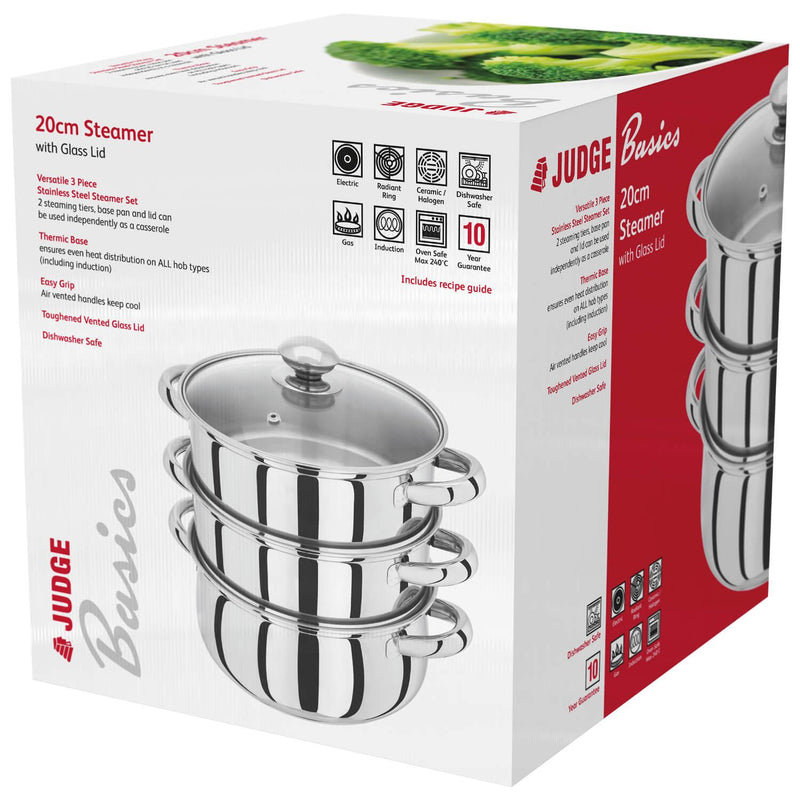 Judge Essentials 3 Tier Steamer Set With Glass Lid - 20cm - Potters Cookshop