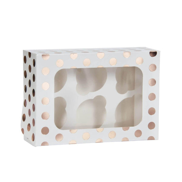Creative Party 6 Cup Foil Cupcake Box - Rose Gold Polka Dot - Potters Cookshop