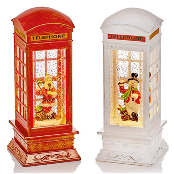 Premier Christmas 27cm Telephone Box Water Lantern Spinner  - Snowman / Santa - Potters Cookshop