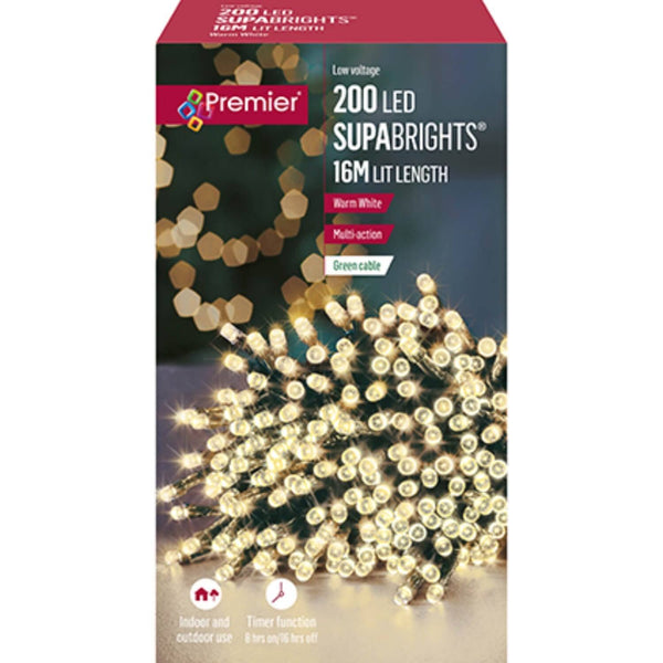 Premier Christmas Supa Brights 16 Metre 200 LED Lights - Warm White - Potters Cookshop