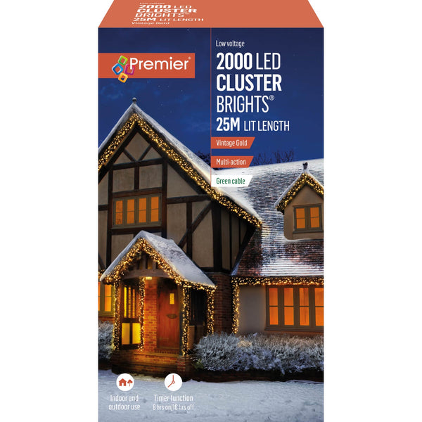 Premier Christmas Cluster Brights 25 Metre 2000 LED Lights - Vintage Gold
