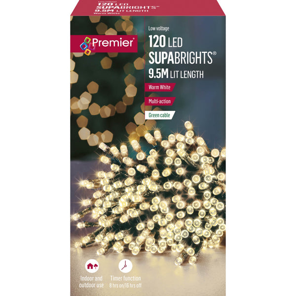 Premier Christmas Supa Brights 9.5 Metre 120 LED Lights - Warm White