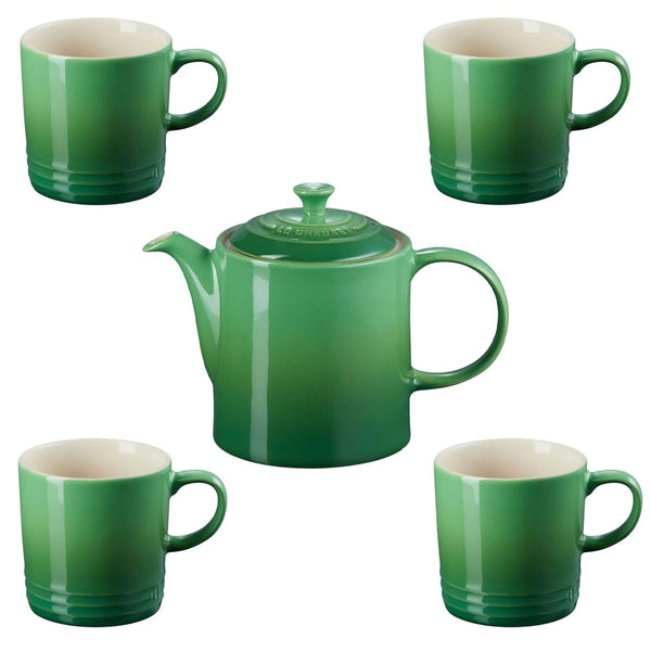 Le Creuset Bamboo Stoneware 4 Piece Mug & Grand Teapot Set - Green - Potters Cookshop