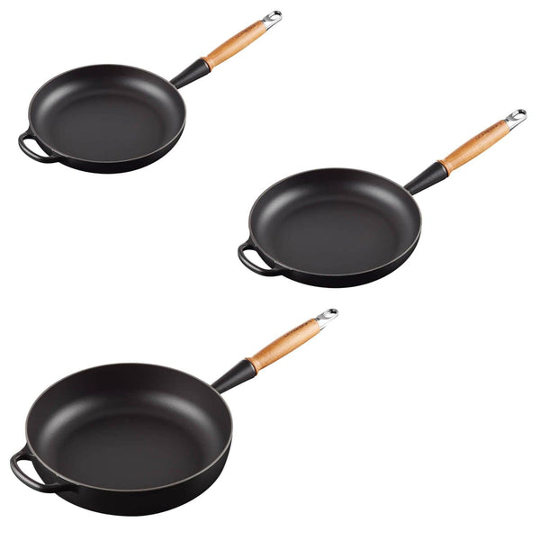 Le Creuset Signature Cast Iron 3 Piece Frying Pan & Saute Pan Set - Satin Black - Potters Cookshop