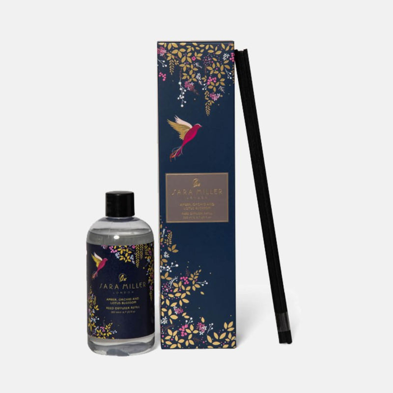 Wax Lyrical Sara Miller Amber, Orchid & Lotus Blossom 200ml Reed Diffuser Refill - Navy Hummingbird