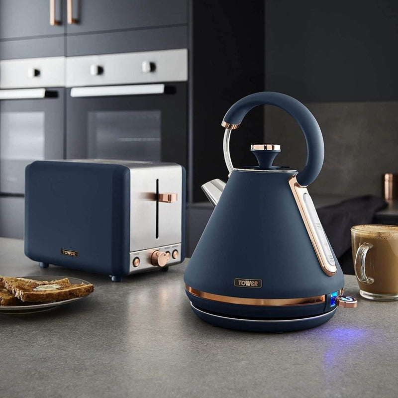 Tower Cavaletto Pyramid Kettle & 2 Slice Toaster Set - Midnight Blue & Rose Gold