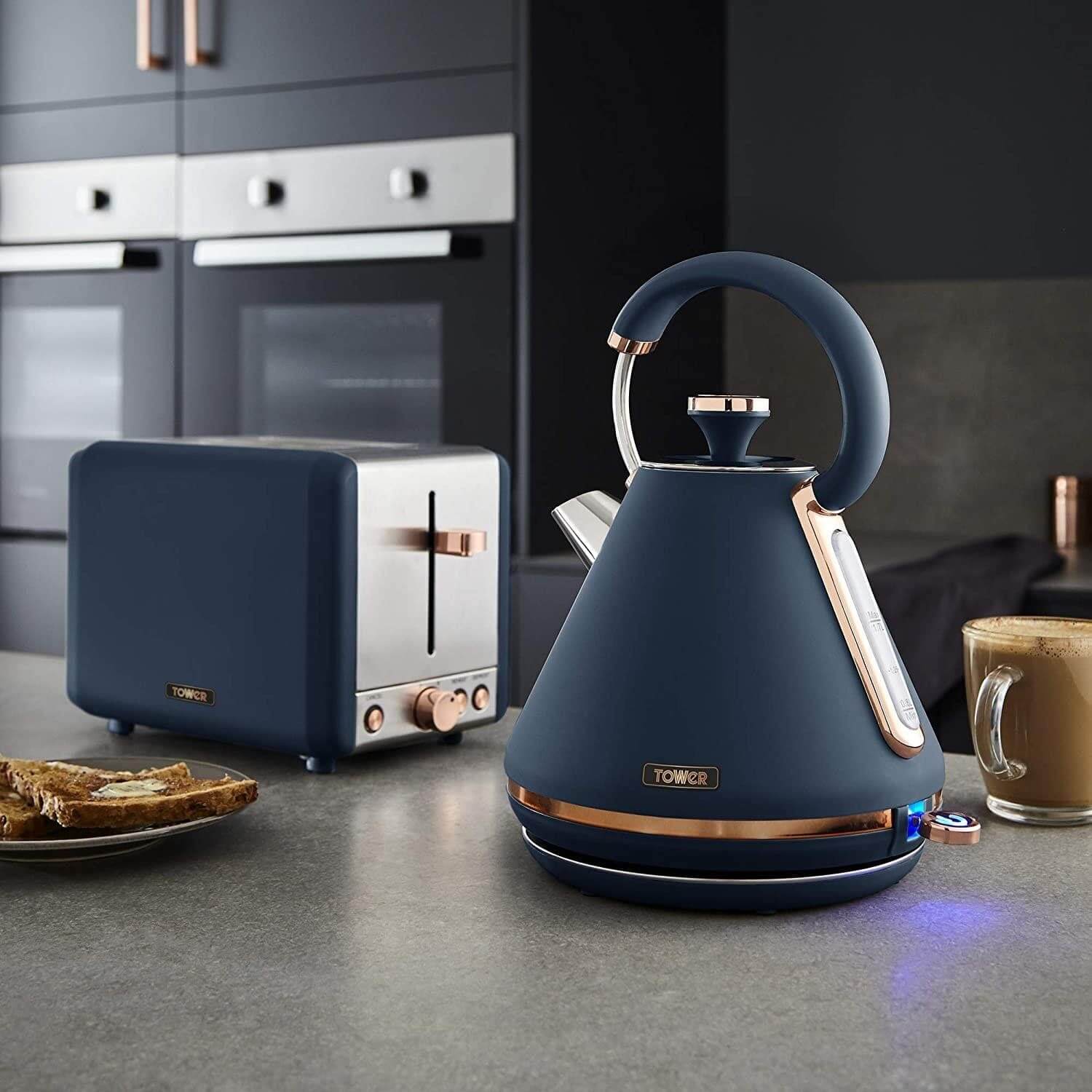 Buy Tower Cavaletto Kettle 4 Slice Toaster Set Midnight Blue Rose Gold Potters Cookshop