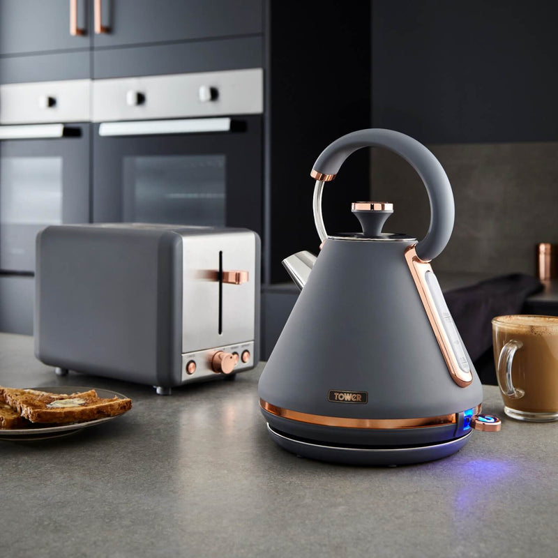 Tower Cavaletto Pyramid Kettle & 4 Slice Toaster Set - Grey & Rose Gold