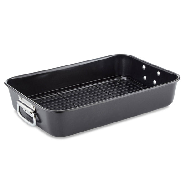 Tower Precision Plus Carbon Steel 34cm x 26cm x 7cm Rectangular Non-Stick Roasting Pan With Rack - Black