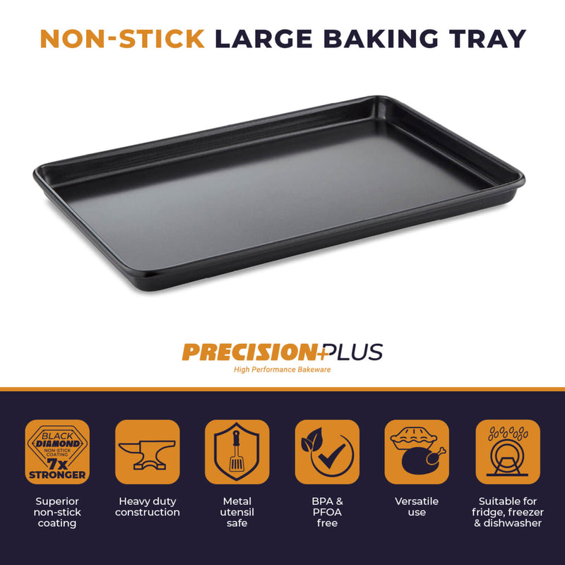 Tower Precision Plus Carbon Steel 35cm x 25cm x 2cm Rectangular Non-Stick Medium Baking Tray - Black