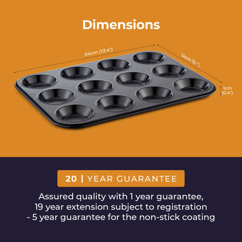Tower Precision Plus Carbon Steel 12 Hole Non-Stick Shallow Muffin Tin - Black