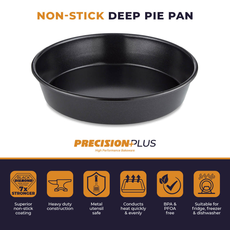 Tower Precision Plus Carbon Steel 23cm Non-Stick Round Deep Pie Tin - Black