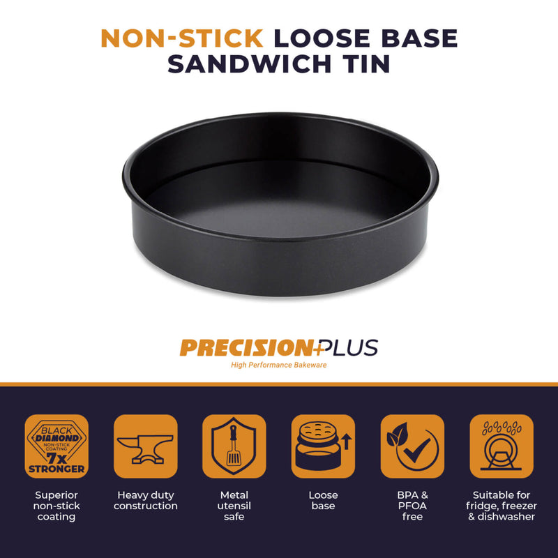 Tower Precision Plus Carbon Steel 18cm Round Non-Stick Loose Base Sandwich Tin - Black