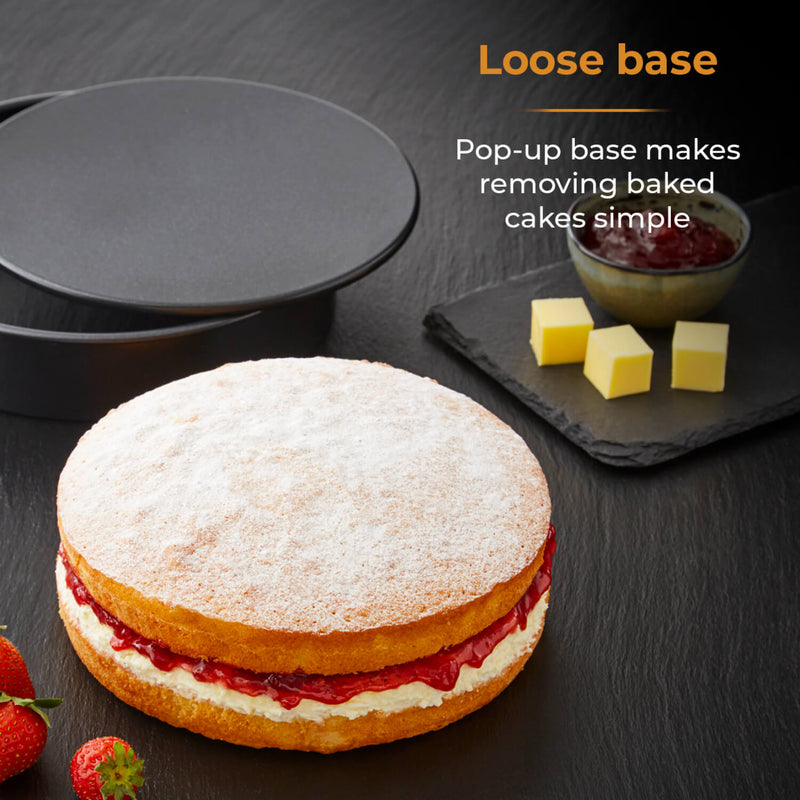 Tower Precision Plus Carbon Steel 18cm Round Non-Stick Loose Base Sandwich Tin - Black