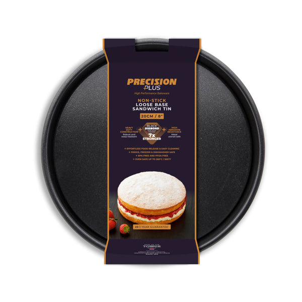 Tower Precision Plus Carbon Steel 20cm Round Non-Stick Loose Base Sandwich Tin - Black