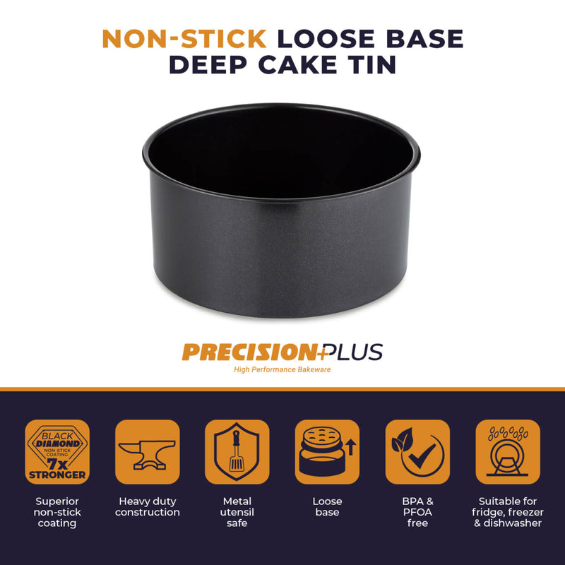 Tower Precision Plus Carbon Steel 20cm Round Non-Stick Loose Base Deep Cake Tin - Black