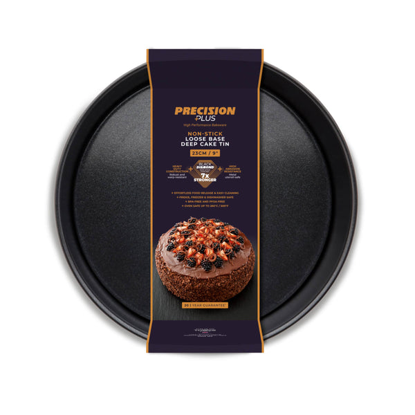 Tower Precision Plus Carbon Steel 23cm Round Non-Stick Loose Base Deep Cake Tin - Black