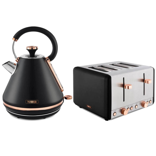 Tower Cavaletto Pyramid Kettle & 4 Slice Toaster Set - Black & Rose Gold