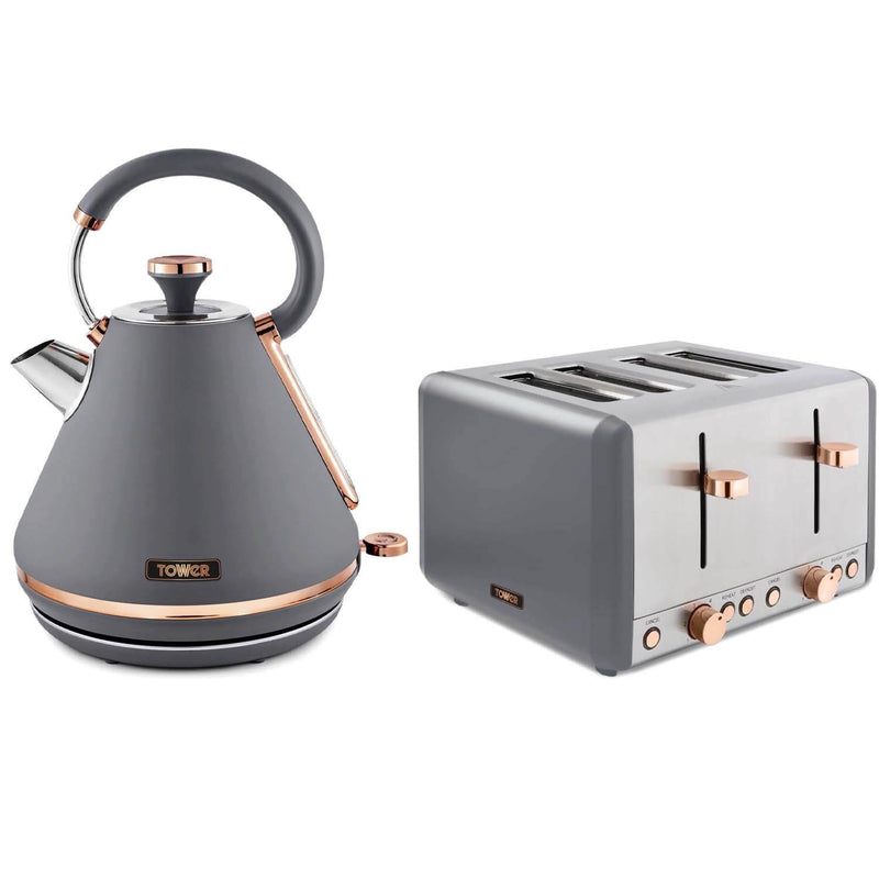 Tower Cavaletto Pyramid Kettle & 4 Slice Toaster Set - Grey & Rose Gold