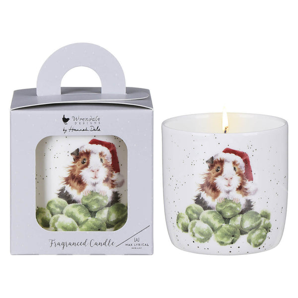 Wax Lyrical Wrendale Designs Frosted Pines & Mistletoe Small Ceramic Scented Candle - Munching Brussel Sprouts Guinea Pig