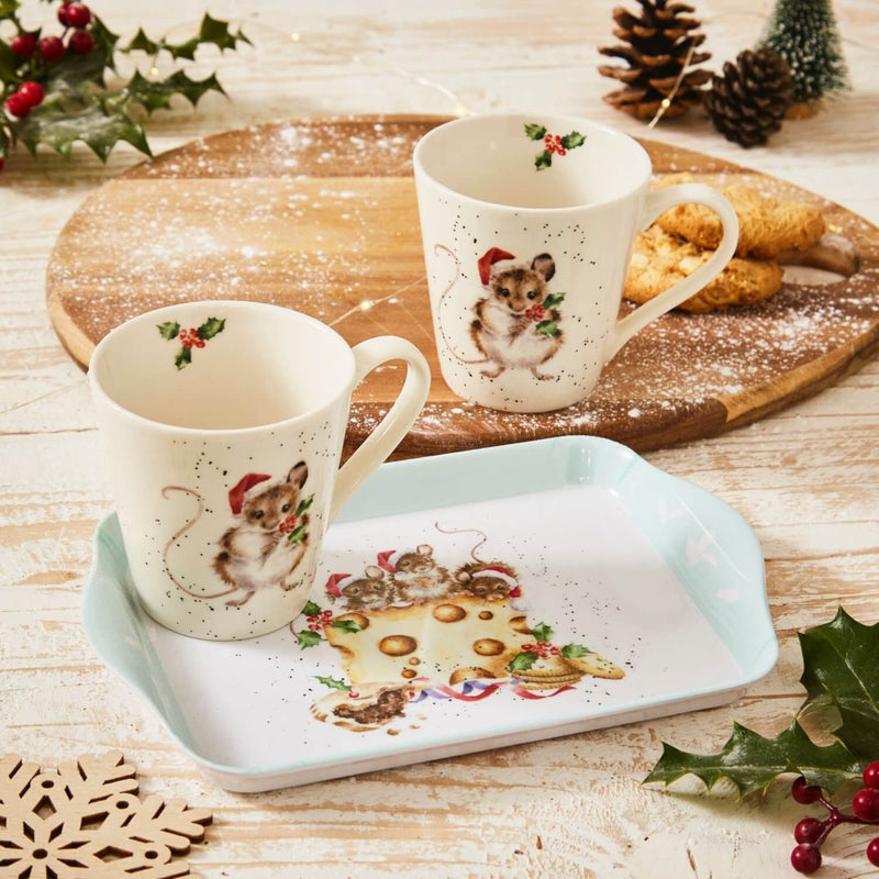 Royal Worcester Wrendale Christmas Mug & Tray Set - Holly Jolly Christmas Mouse