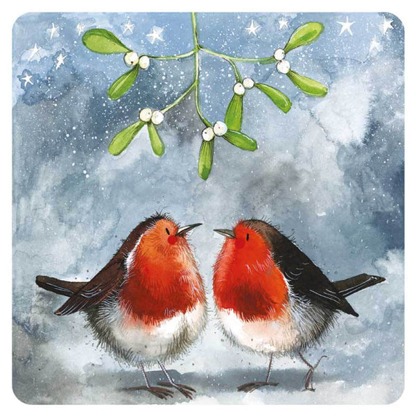 Alex Clark Christmas Coaster - Robins & Mistletoe