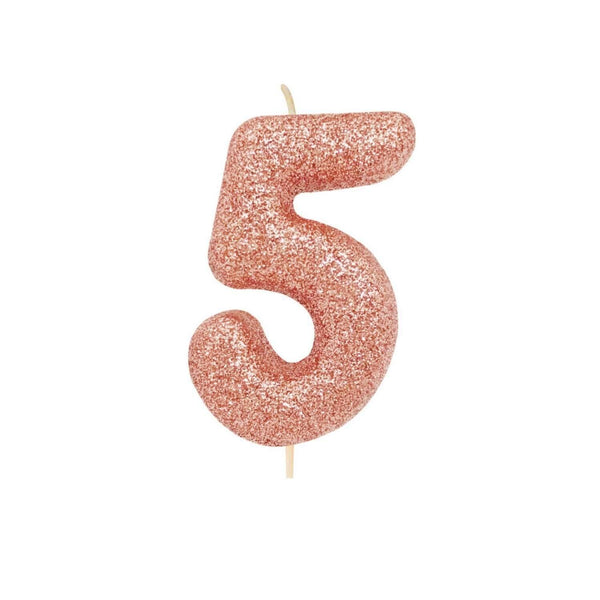Creative Party Glitter Numeral Moulded Rose Gold Pick Candle - Age 5 - Potters Cookshop