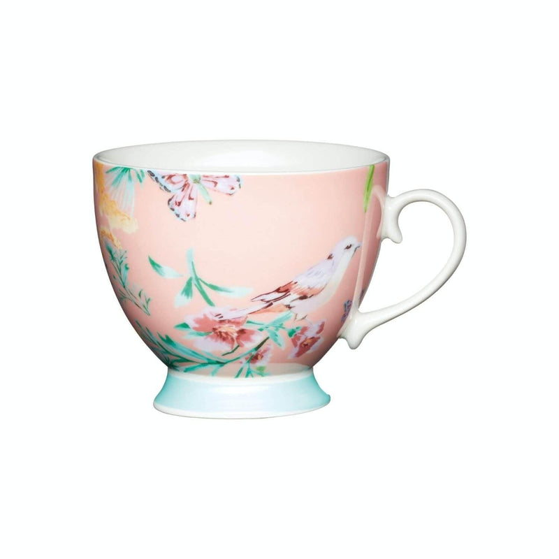 KitchenCraft 400ml Footed Mug - Peach Birds - Potters Cookshop