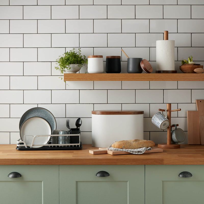 Denby Steel Bread Bin With Acacia Wood Lid - Matte Grey