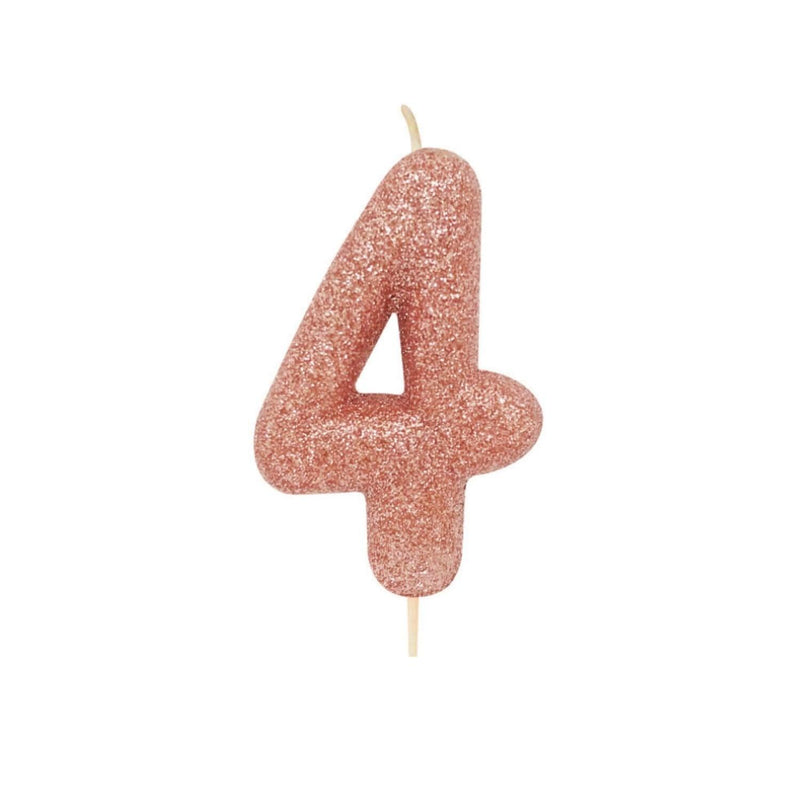 Creative Party Glitter Numeral Moulded Rose Gold Pick Candle - Age 4 - Potters Cookshop