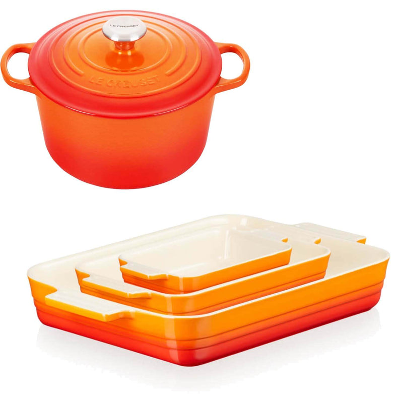 Le Creuset Signature Cast Iron Deep Round Casserole & 3 Piece Rectangular Oven Dish Set - Volcanic