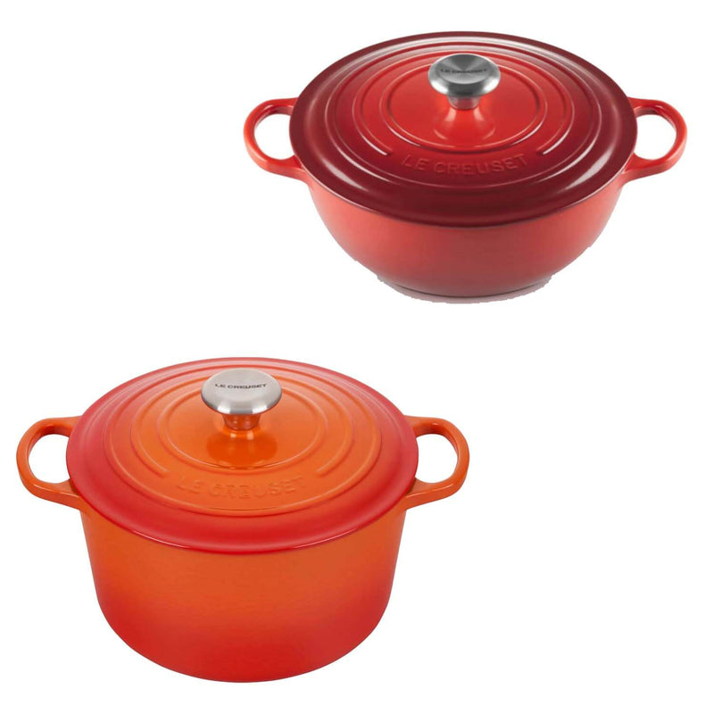 Le Creuset Signature Cast Iron 24cm Deep Round Casserole & 26cm Soup Pot Set - Volcanic / Cerise